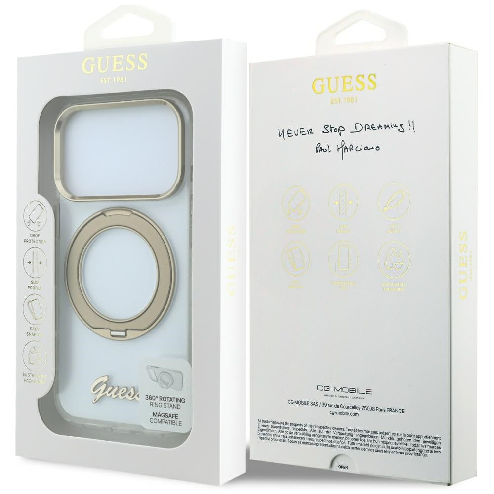 Coque MagSafe pour Apple iPhone 18 Pro Max / 17 Pro Max, Guess, Support Anneau Logo Métal Script, Transparente
