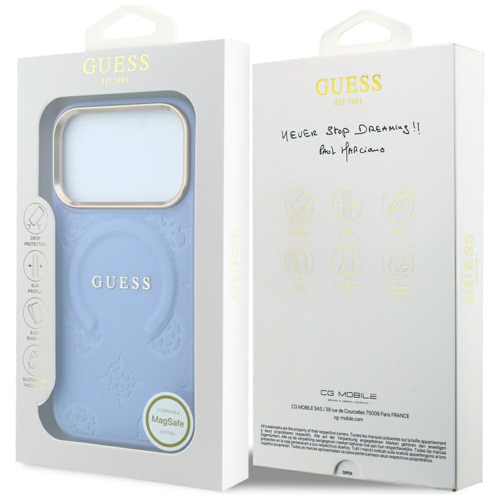 Coque MagSafe pour Apple iPhone 18 Pro Max / 17 Pro Max, Guess, Saffiano Peony Ring, Bleu