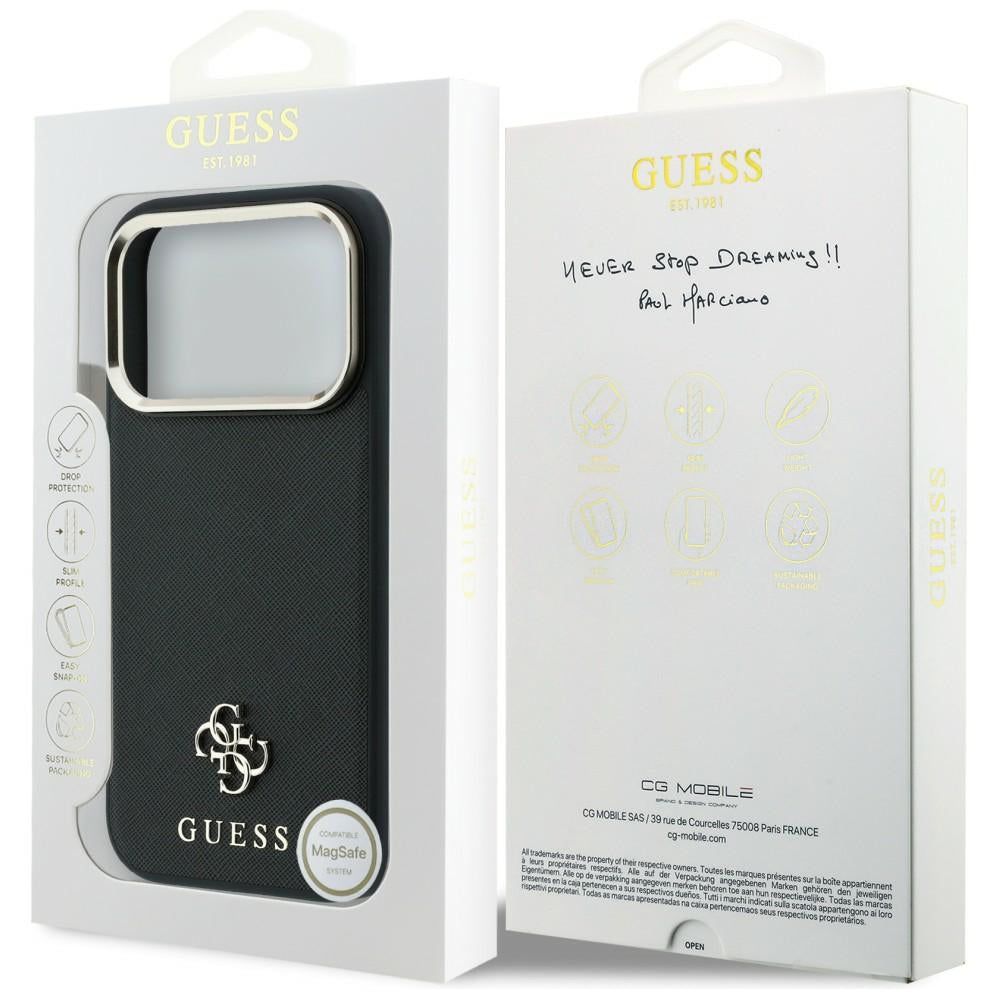 Coque MagSafe pour Apple iPhone 18 Pro Max / 17 Pro Max, Guess, Saffiano Small 4G Classic, Noire