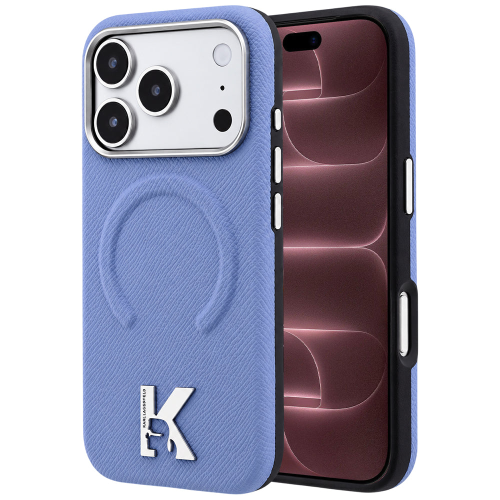 Coque MagSafe pour Apple iPhone 18 Pro Max / 17 Pro Max, Karl Lagerfeld, Anneau Gaufré Grainé, Bleu