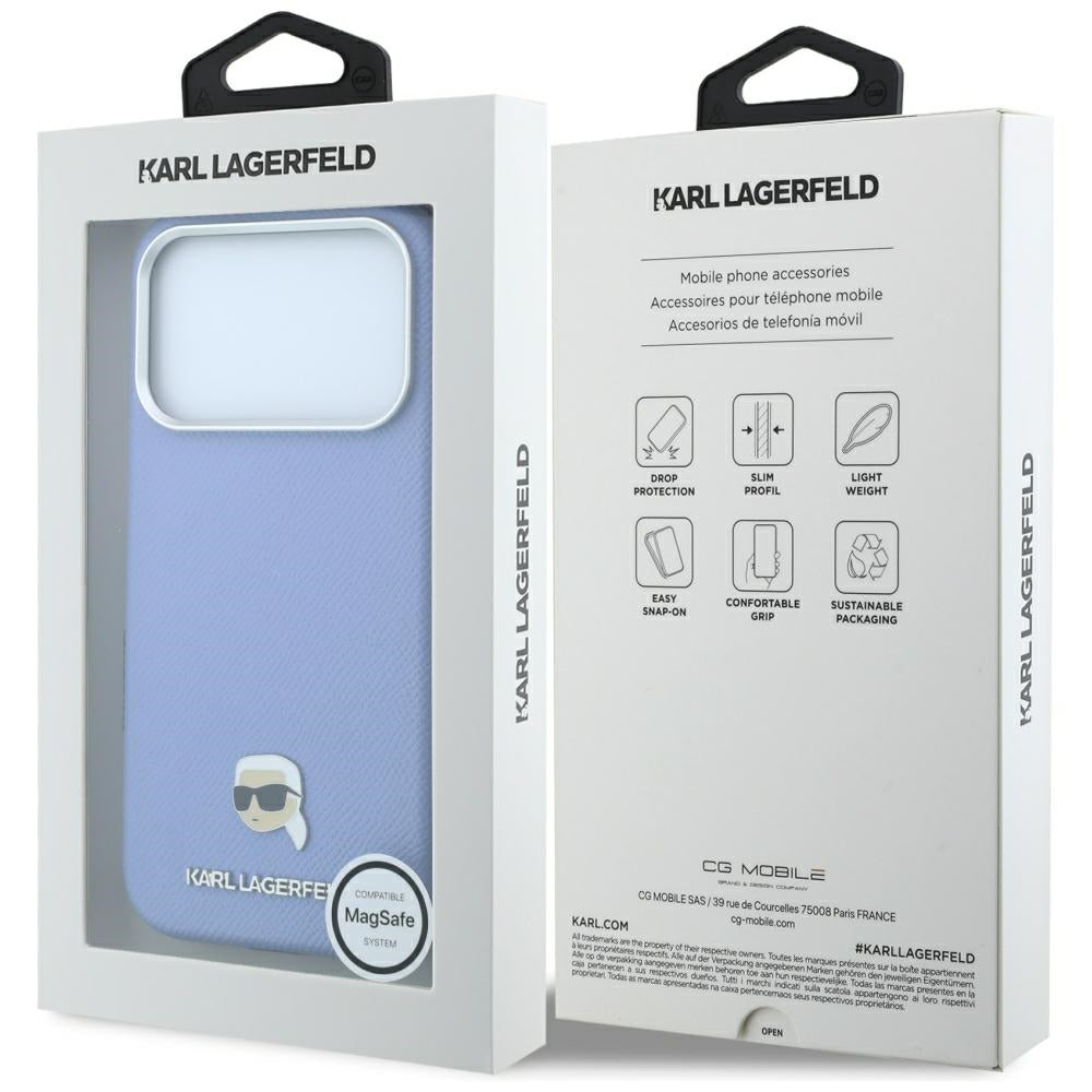 Coque MagSafe pour Apple iPhone 18 Pro Max / 17 Pro Max, Karl Lagerfeld, Métal Grainé Tête de Karl, Bleu