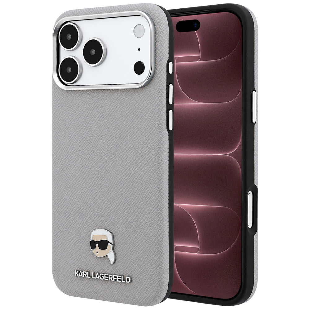 Coque MagSafe pour Apple iPhone 18 Pro Max / 17 Pro Max, Karl Lagerfeld, Métal Tête Karl Grainé, Gris
