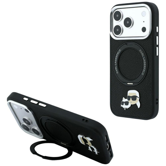 Coque MagSafe pour Apple iPhone 18 Pro Max / 17 Pro Max, Karl Lagerfeld, Support Anneau 360 Karl & Broche Choupette, Noire