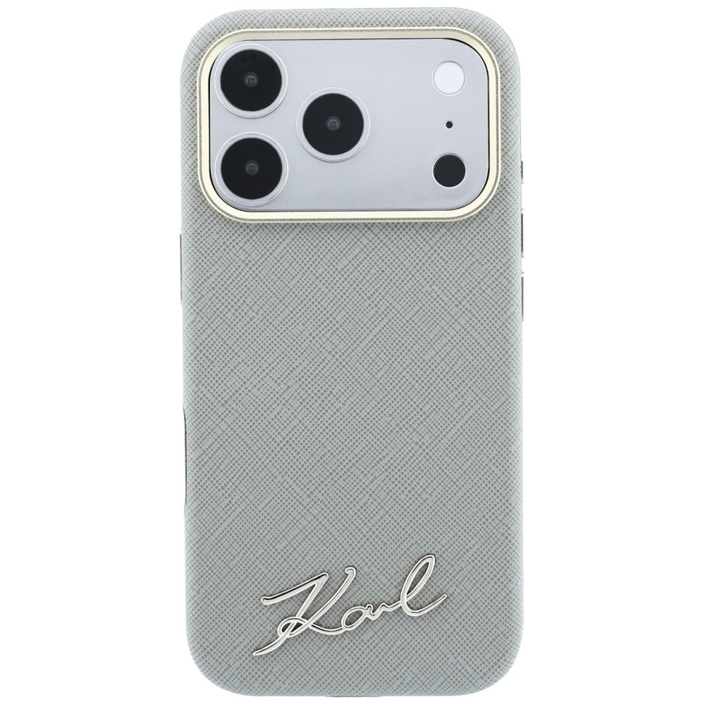 Coque MagSafe pour Apple iPhone 18 Pro Max / 17 Pro Max, Karl Lagerfeld, Logo Métallique Petit Script Saffiano, Beige
