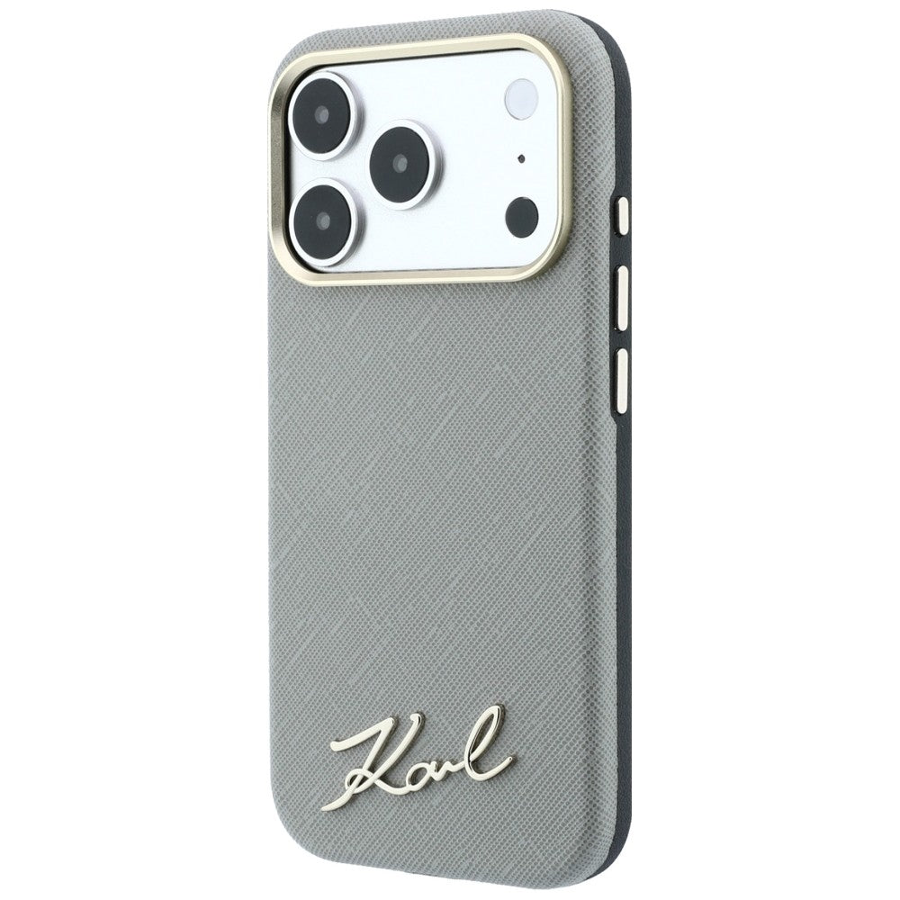 Coque MagSafe pour Apple iPhone 18 Pro Max / 17 Pro Max, Karl Lagerfeld, Logo Métallique Petit Script Saffiano, Beige