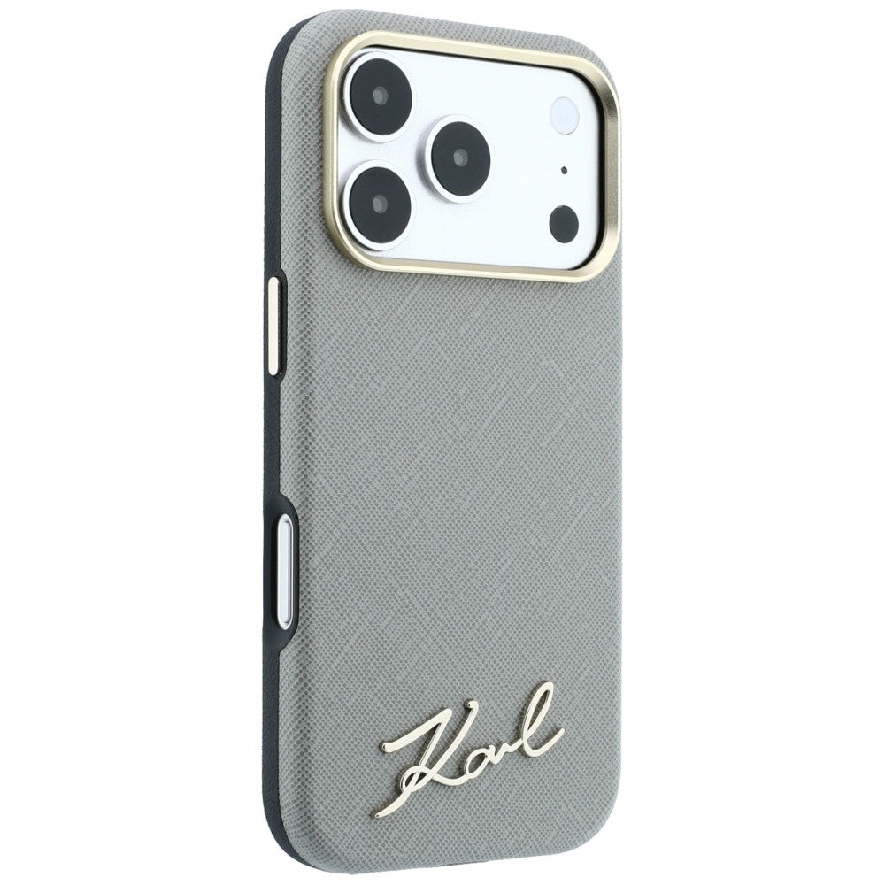 Coque MagSafe pour Apple iPhone 18 Pro Max / 17 Pro Max, Karl Lagerfeld, Logo Métallique Petit Script Saffiano, Beige