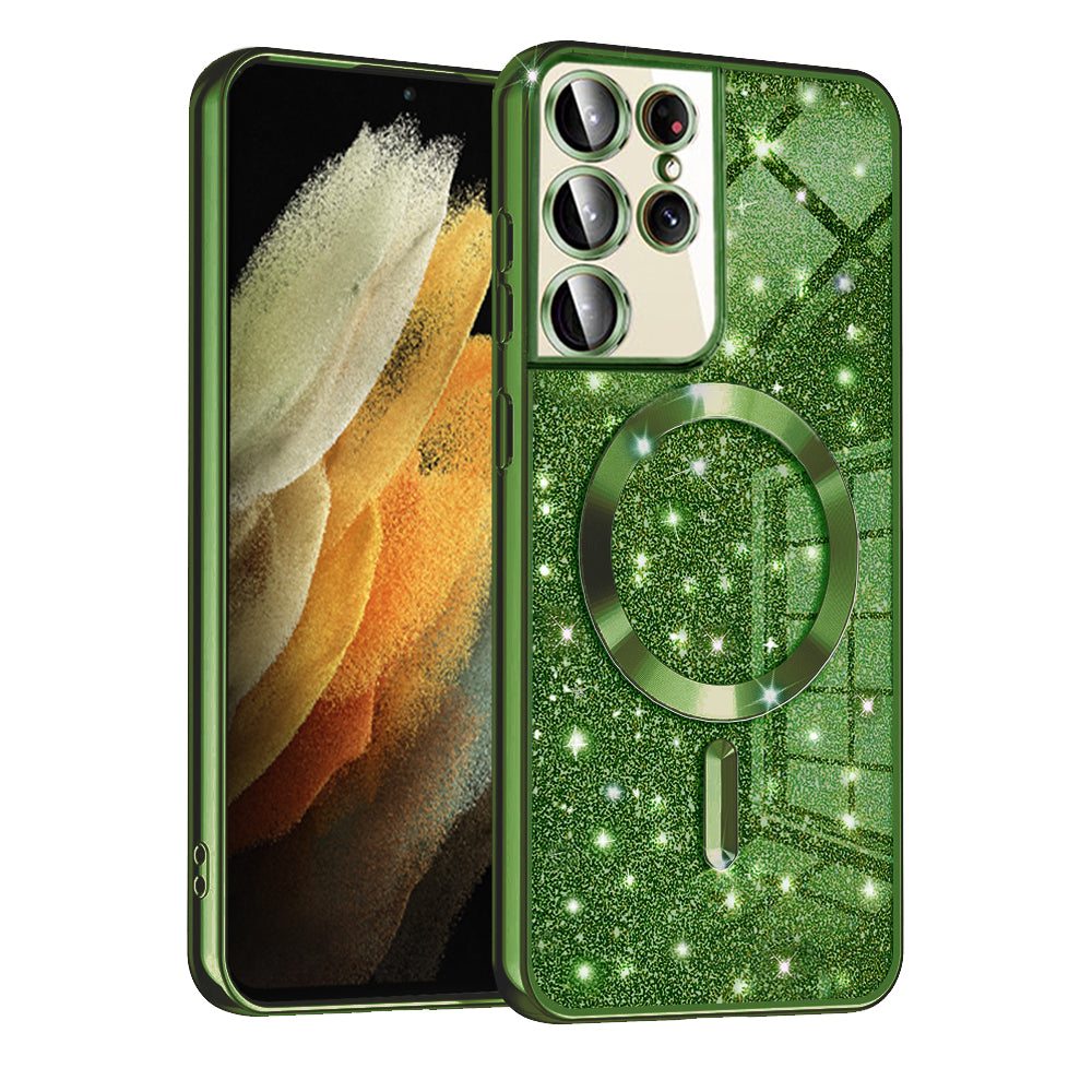 Coque MagSafe pour Samsung Galaxy S21 Ultra 5G G998, Techsuit, Luxury Glitter, Vert Foncé