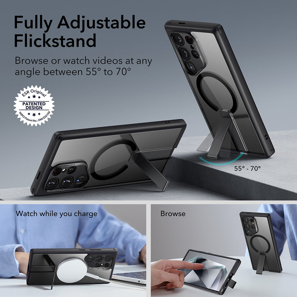 Coque MagSafe pour Samsung Galaxy S24 Ultra S928, ESR, Boost Flickstand, Noire Transparente