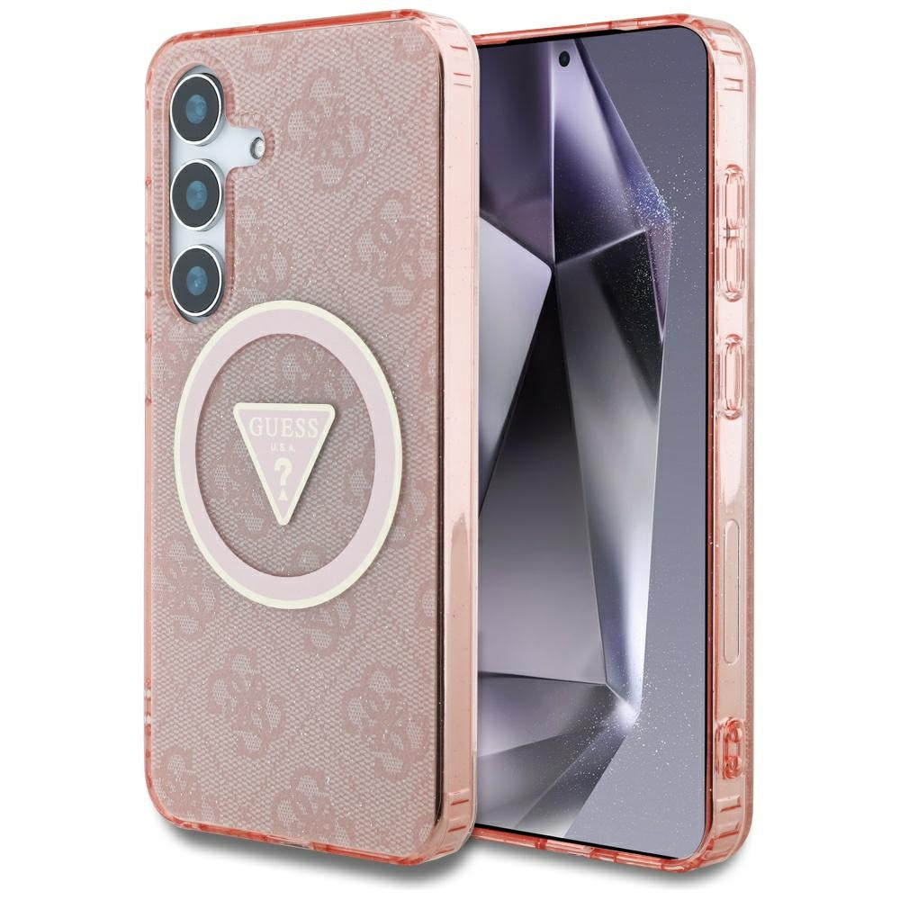 Étui MagSafe pour Samsung Galaxy S25 S931, Guess, IML Glitter 4G Cercle Triangle, Rose