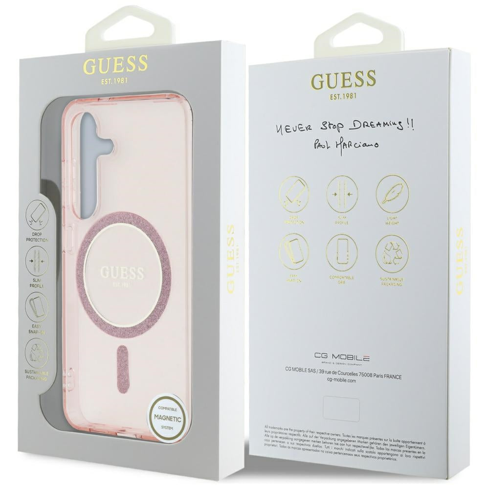 Coque MagSafe pour Samsung Galaxy S25 S931, Guess, IML Glitter Circle, Rose
