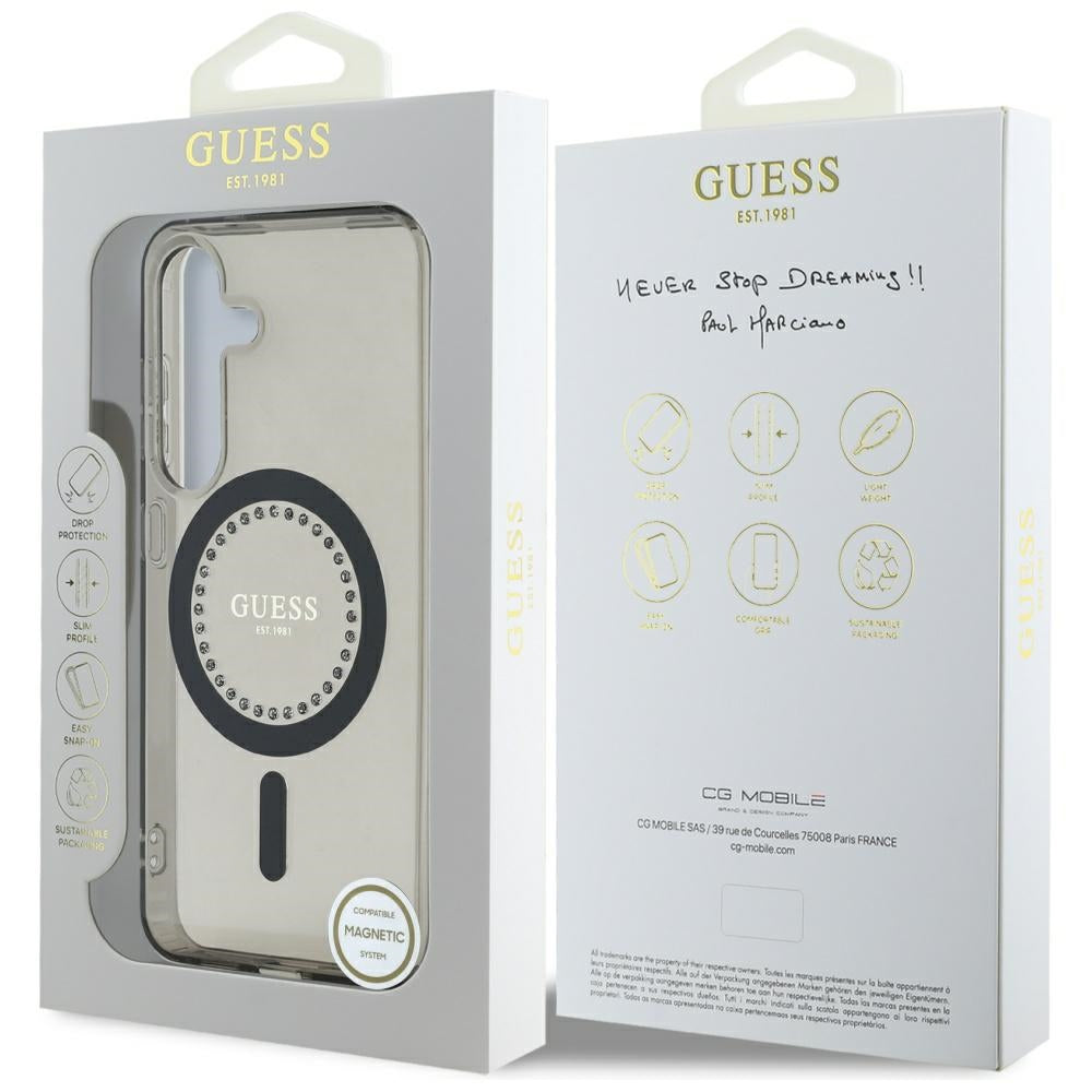 Coque MagSafe pour Samsung Galaxy S25 S931, Guess, IML Rhinestone, Noire