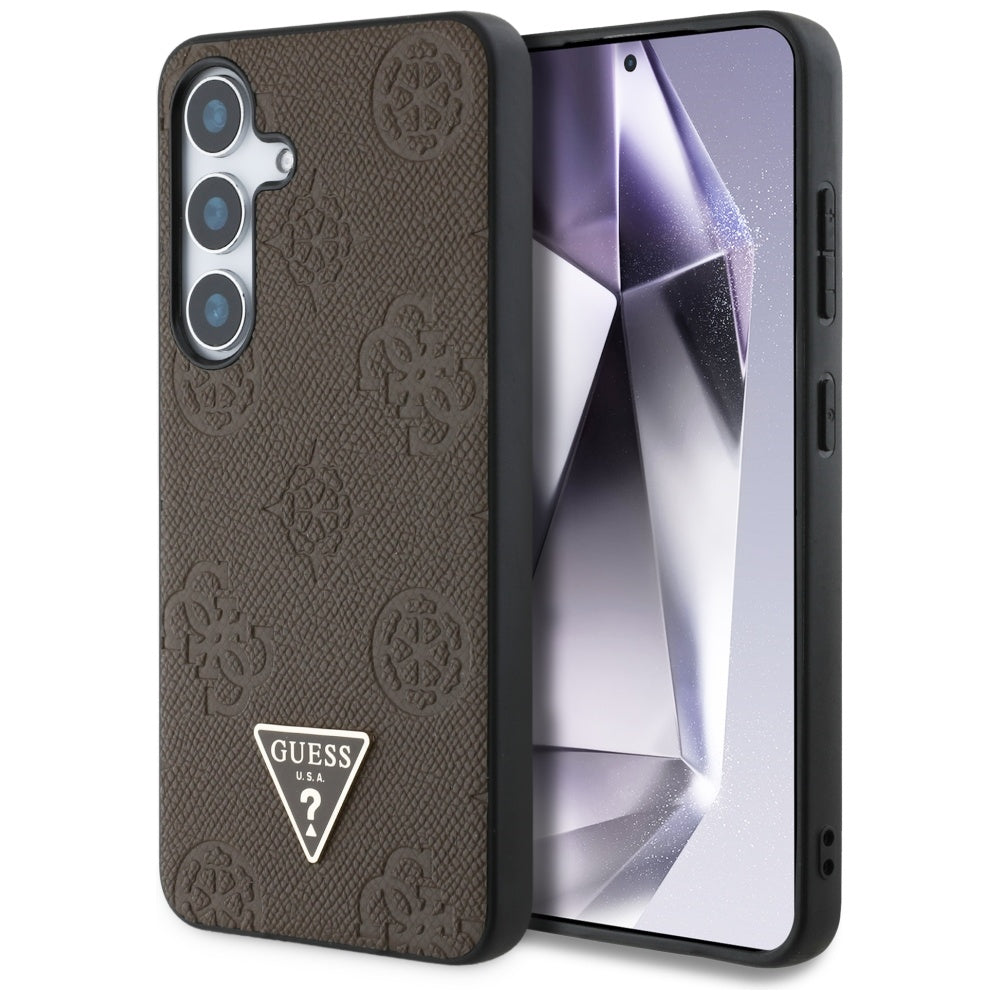 Étui MagSafe pour Samsung Galaxy S25 S931, Guess, Peony Grained Hot Stamp Triangle, Marron