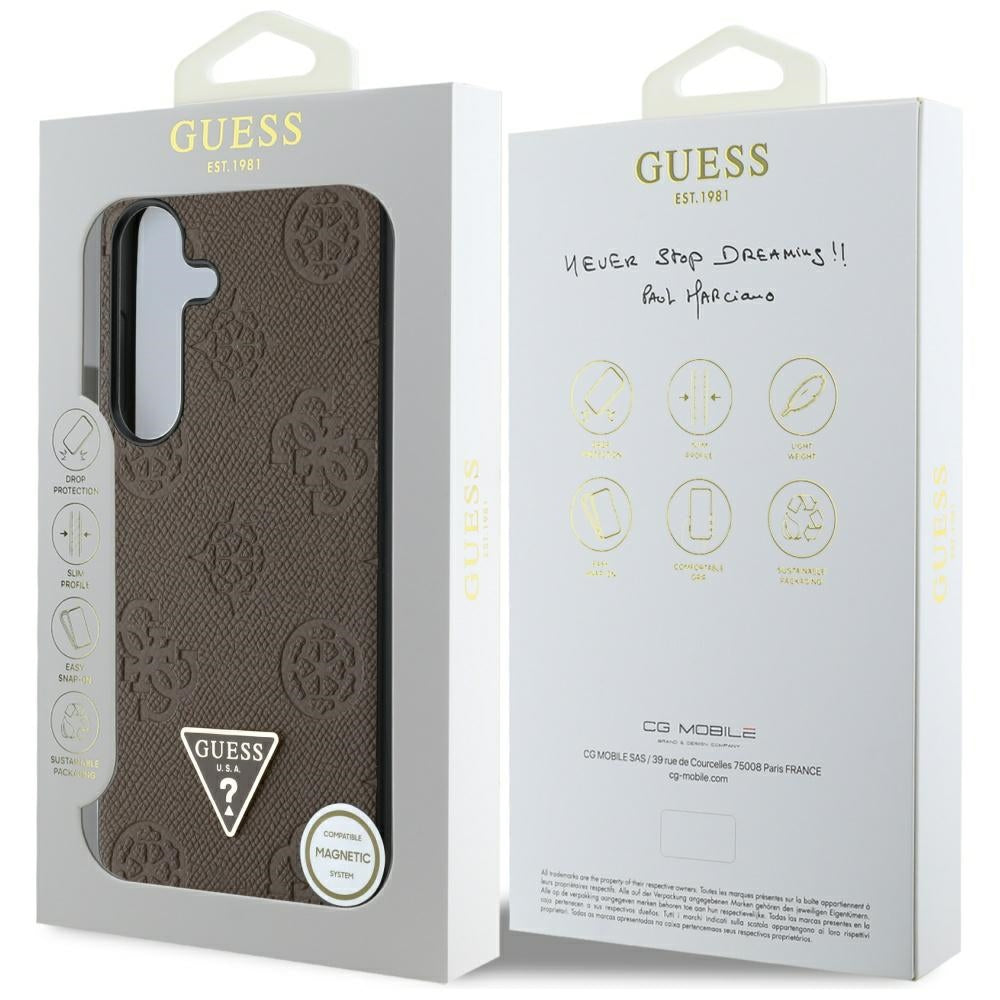Étui MagSafe pour Samsung Galaxy S25 S931, Guess, Peony Grained Hot Stamp Triangle, Marron
