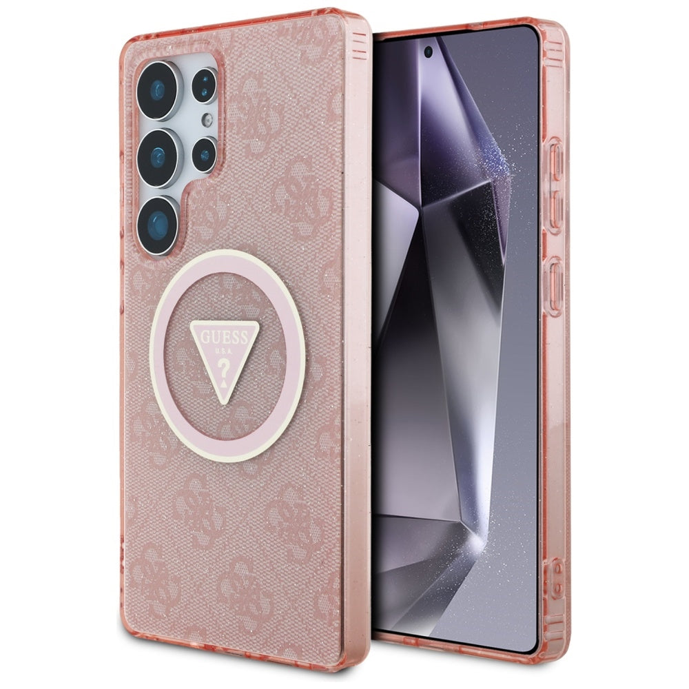 Étui MagSafe pour Samsung Galaxy S25 Ultra S938, Guess, IML Glitter 4G Cercle Triangle, Rose