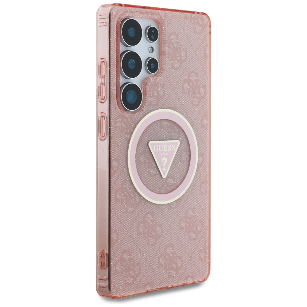 Étui MagSafe pour Samsung Galaxy S25 Ultra S938, Guess, IML Glitter 4G Cercle Triangle, Rose