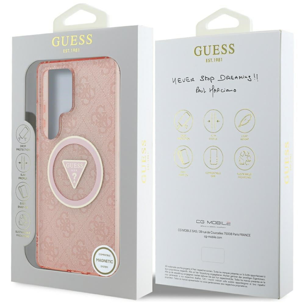 Étui MagSafe pour Samsung Galaxy S25 Ultra S938, Guess, IML Glitter 4G Cercle Triangle, Rose