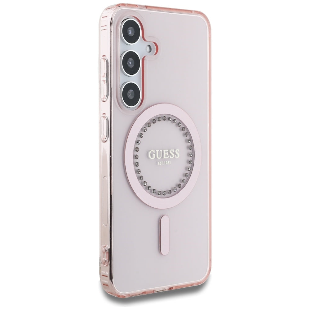 Étui MagSafe pour Samsung Galaxy S25 S931, Guess, IML Rhinestone, Rose