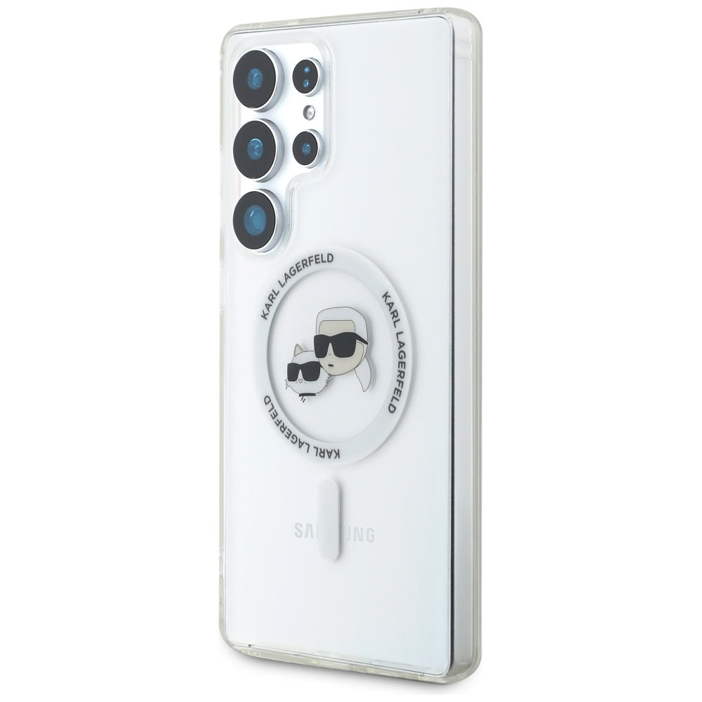 Coque MagSafe pour Samsung Galaxy S25 Ultra S938, Karl Lagerfeld, IML Metal Karl & Choupette's Heads, Blanche