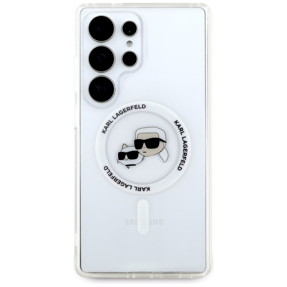Coque MagSafe pour Samsung Galaxy S25 Ultra S938, Karl Lagerfeld, IML Metal Karl & Choupette's Heads, Blanche
