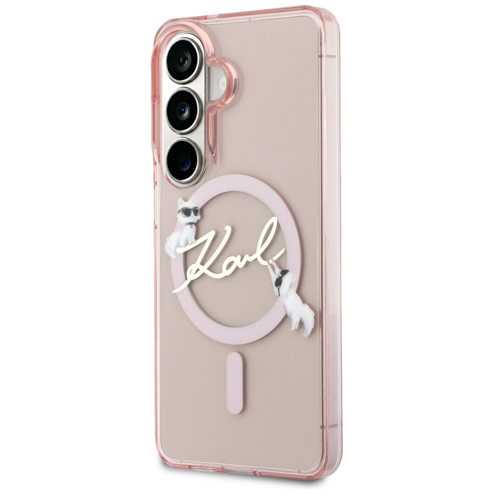 Coque MagSafe pour Samsung Galaxy S26 S942, Karl Lagerfeld, IML Choupette Karl Script Logo, Rose
