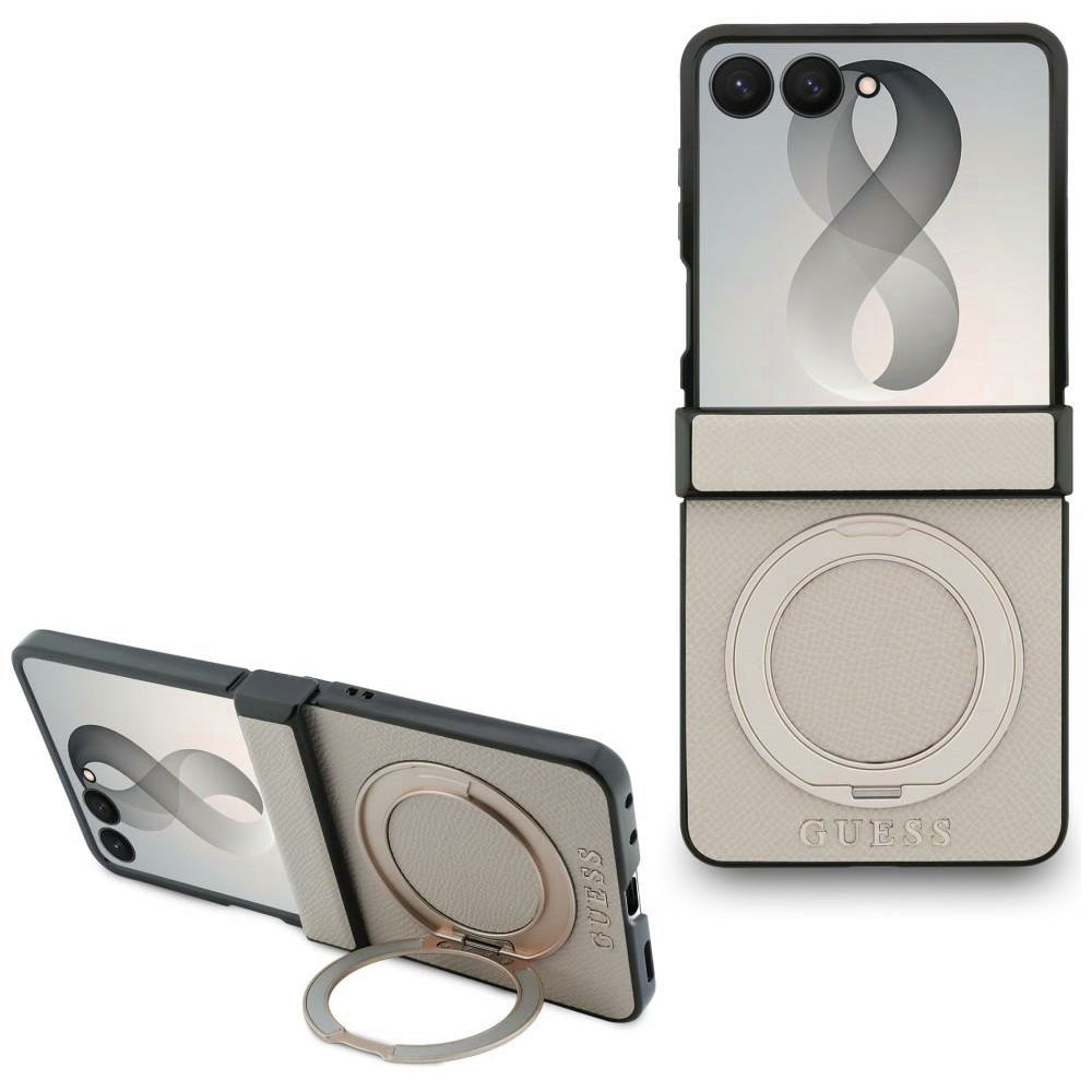 Coque MagSafe pour Samsung Galaxy Z Flip8 F776, Guess, Support Anneau Logo Classique Grainé, Beige