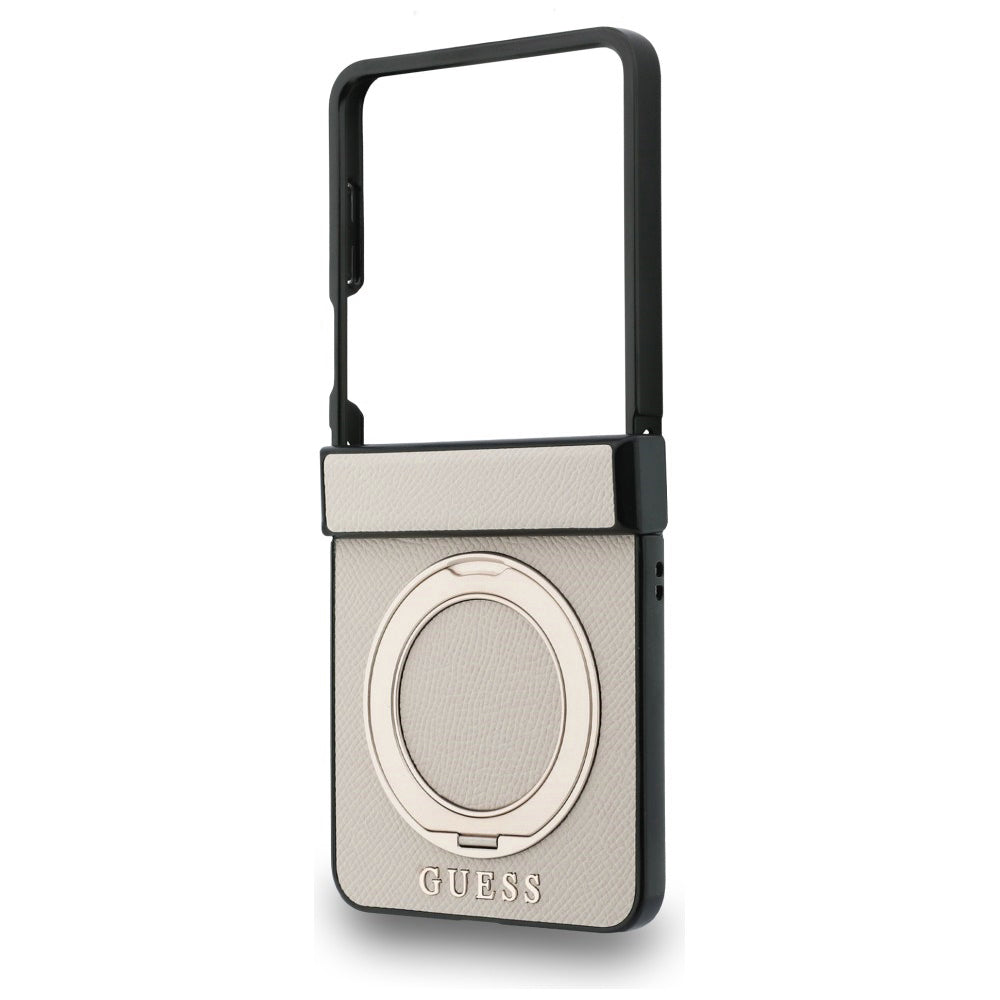 Coque MagSafe pour Samsung Galaxy Z Flip8 F776, Guess, Support Anneau Logo Classique Grainé, Beige