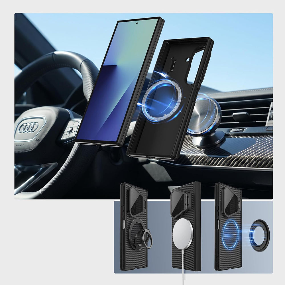Coque MagSafe pour Samsung Galaxy Z Fold8 Ultra F976, Nillkin, CamShield Pro avec couvercle d'objectif noir transparent et support pour S-Pen, noire