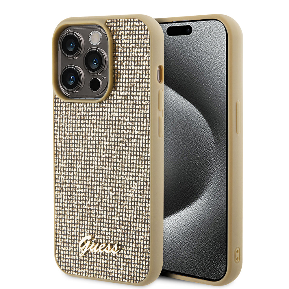 Étui pour Apple iPhone 15 Pro, Guess, PU Square Mirror Script Logo, Doré GUHCP15LPMSDGSD