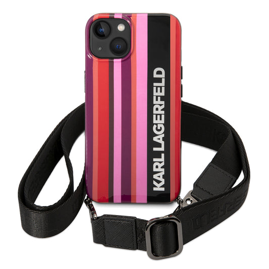 Étui pour Apple iPhone 14, Karl Lagerfeld, Color Stripes with Strap, Rose