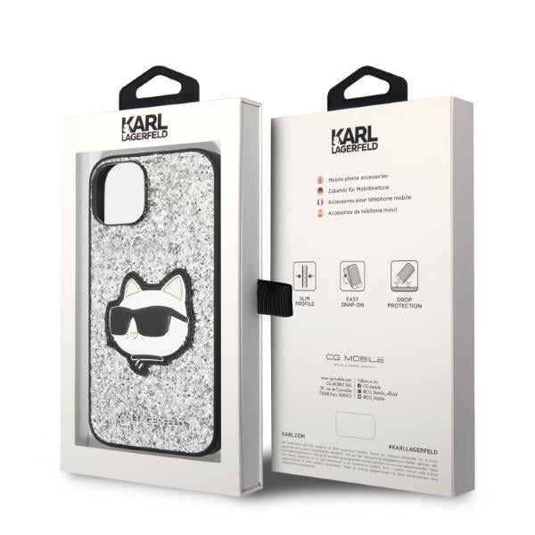 Housse pour Apple iPhone 14 Plus, Karl Lagerfeld, Glitter Choupette Patch, Argentée