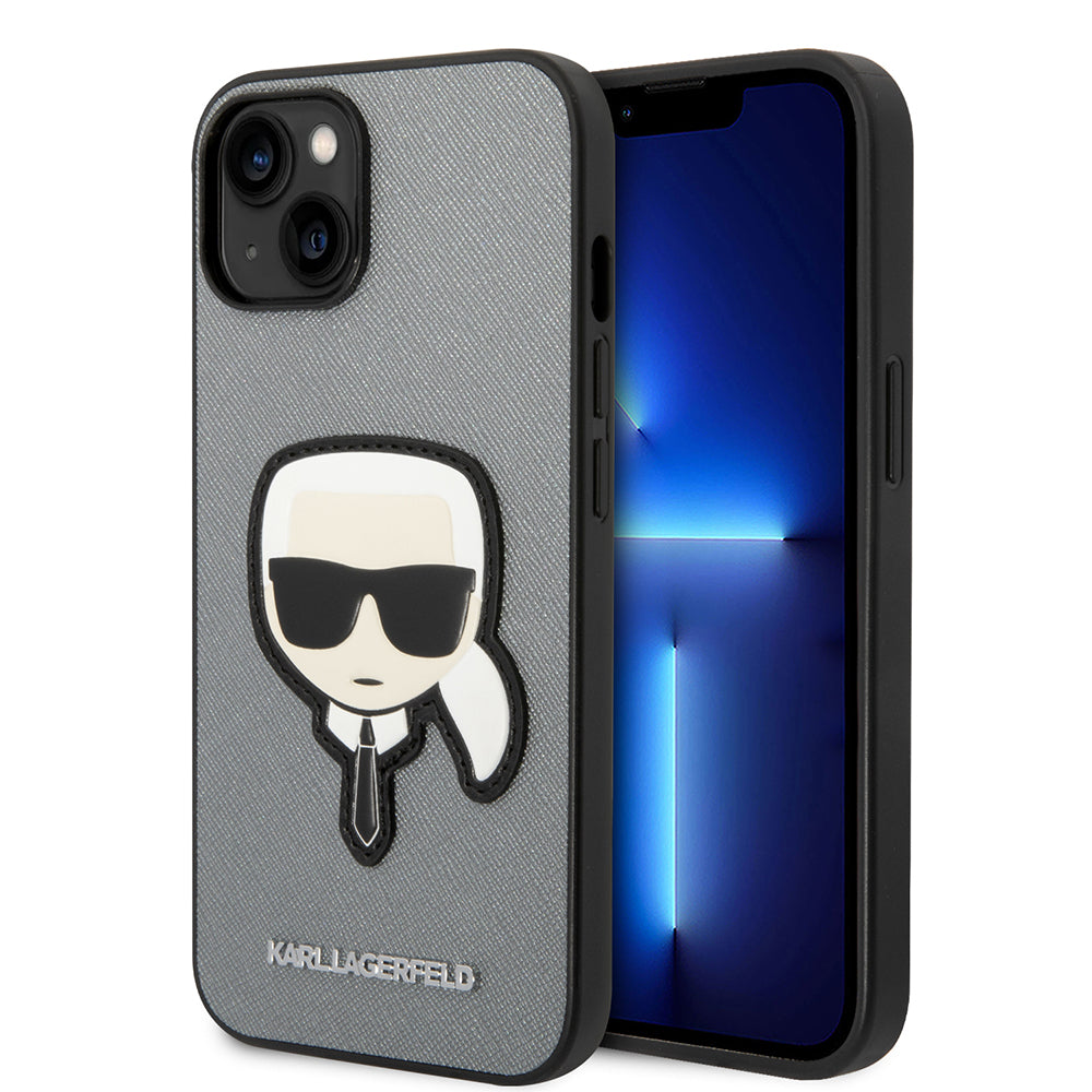 Étui pour Apple iPhone 14 Plus, Karl Lagerfeld, Saffiano Karl's Head, Argenté