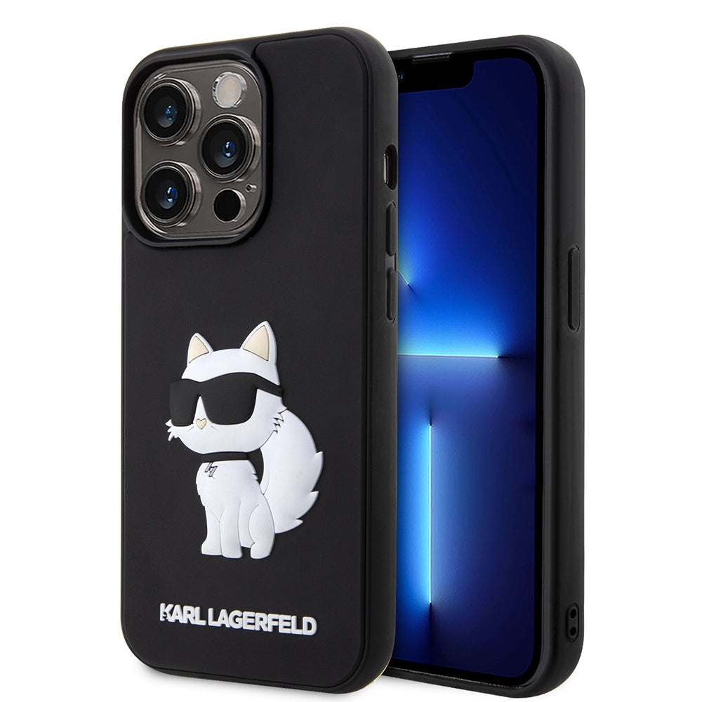 Étui pour Apple iPhone 14 Pro, Karl Lagerfeld, Choupette en caoutchouc 3D, Noir.