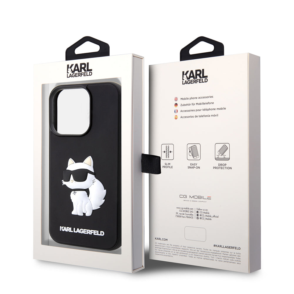 Étui pour Apple iPhone 14 Pro, Karl Lagerfeld, Choupette en caoutchouc 3D, Noir.