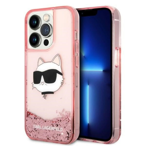 Étui pour Apple iPhone 14 Pro, Karl Lagerfeld, Glitter Choupette's Head, Rose