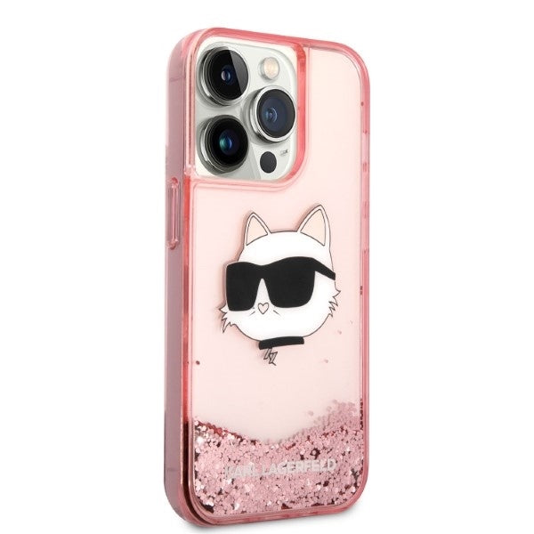 Étui pour Apple iPhone 14 Pro, Karl Lagerfeld, Glitter Choupette's Head, Rose