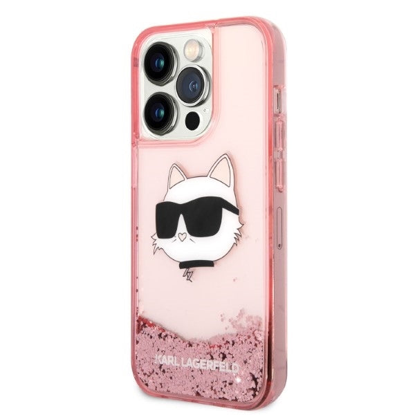Étui pour Apple iPhone 14 Pro, Karl Lagerfeld, Glitter Choupette's Head, Rose