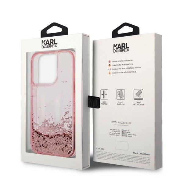 Étui pour Apple iPhone 14 Pro, Karl Lagerfeld, Glitter Liquid Big KL, Rose