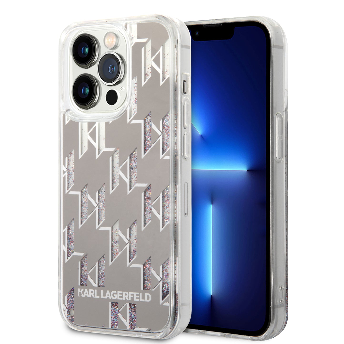 Étui pour Apple iPhone 14 Pro, Karl Lagerfeld, Monogramme à Paillettes Liquides, Argenté