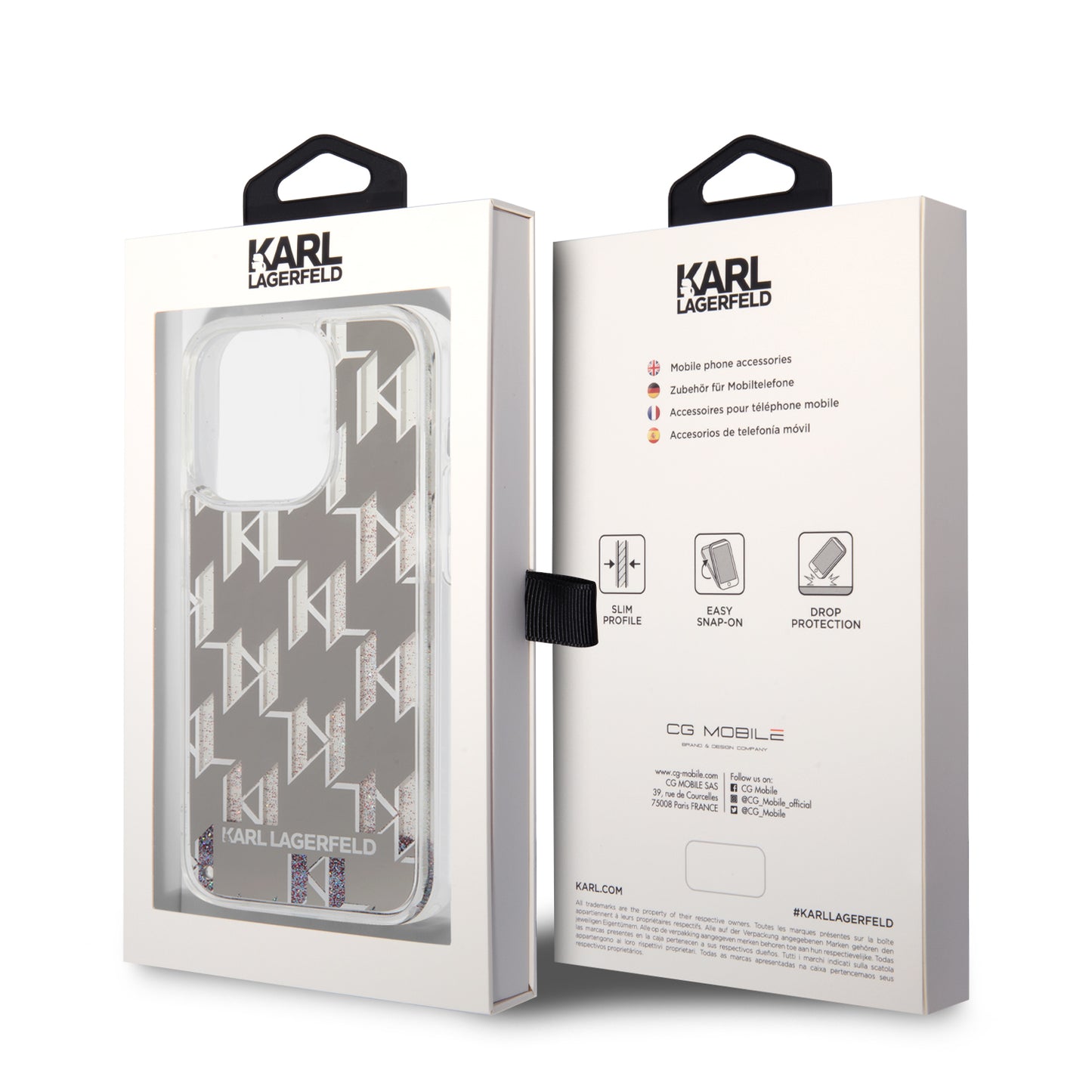 Étui pour Apple iPhone 14 Pro, Karl Lagerfeld, Monogramme à Paillettes Liquides, Argenté