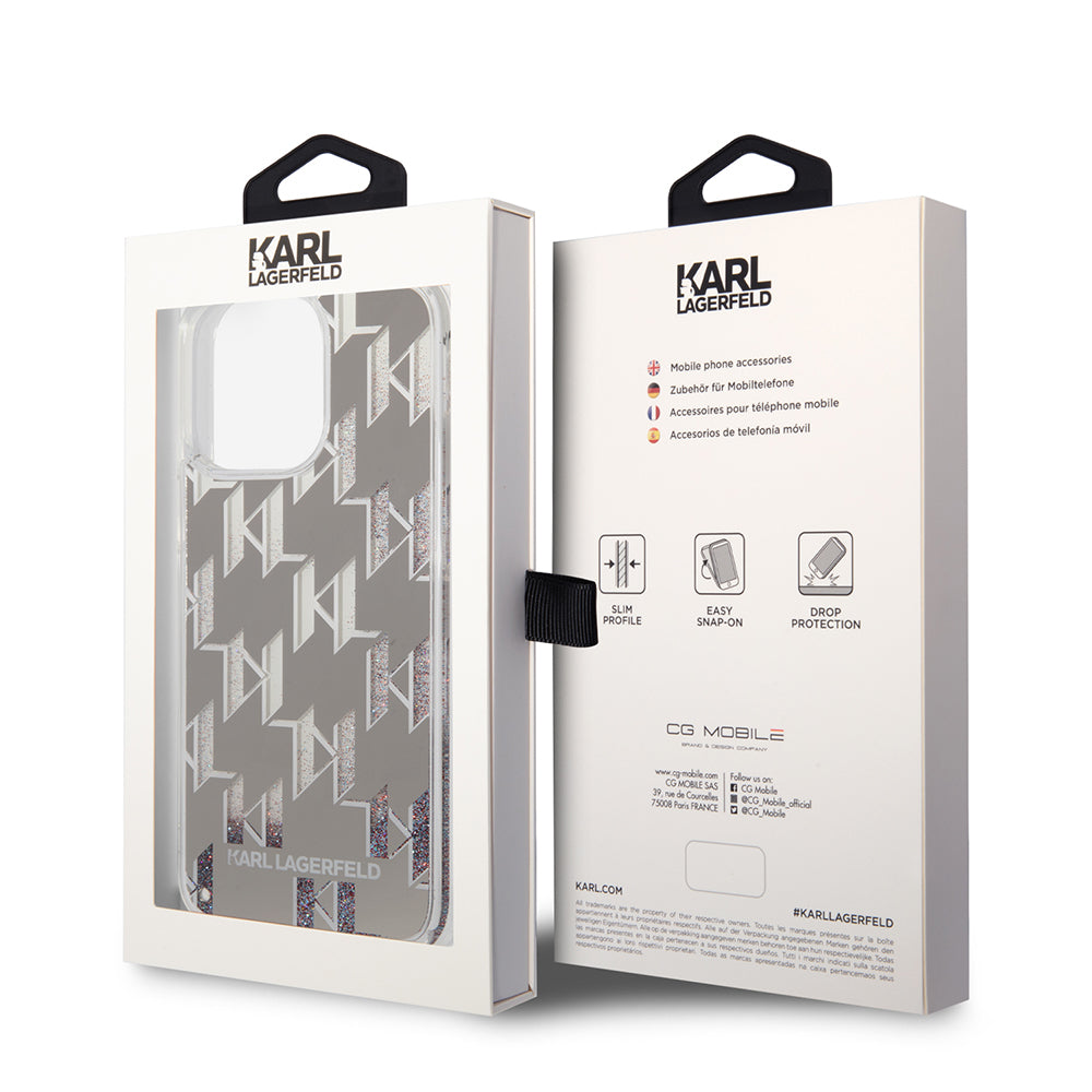 Case for Apple iPhone 14 Pro Max, Karl Lagerfeld, Liquid Glitter Monogram, Silver