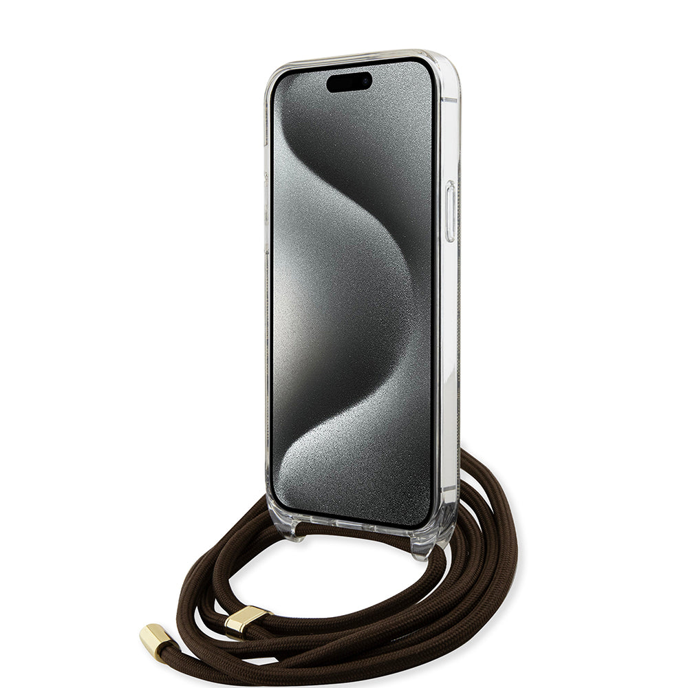 Étui pour Apple iPhone 15, Guess, 4G IML Printed Crossbody, Marron