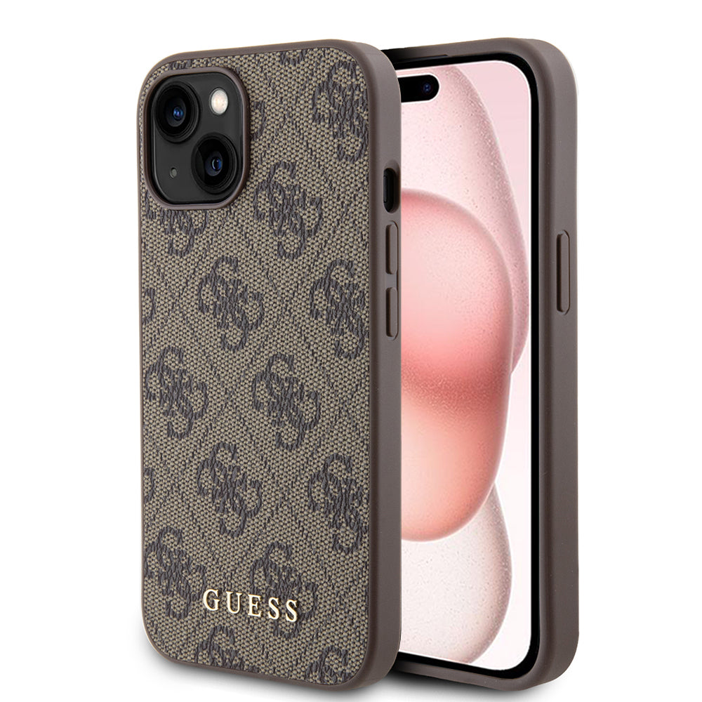 Case for Apple iPhone 15, Guess, 4G Metal Gold Logo, Brown