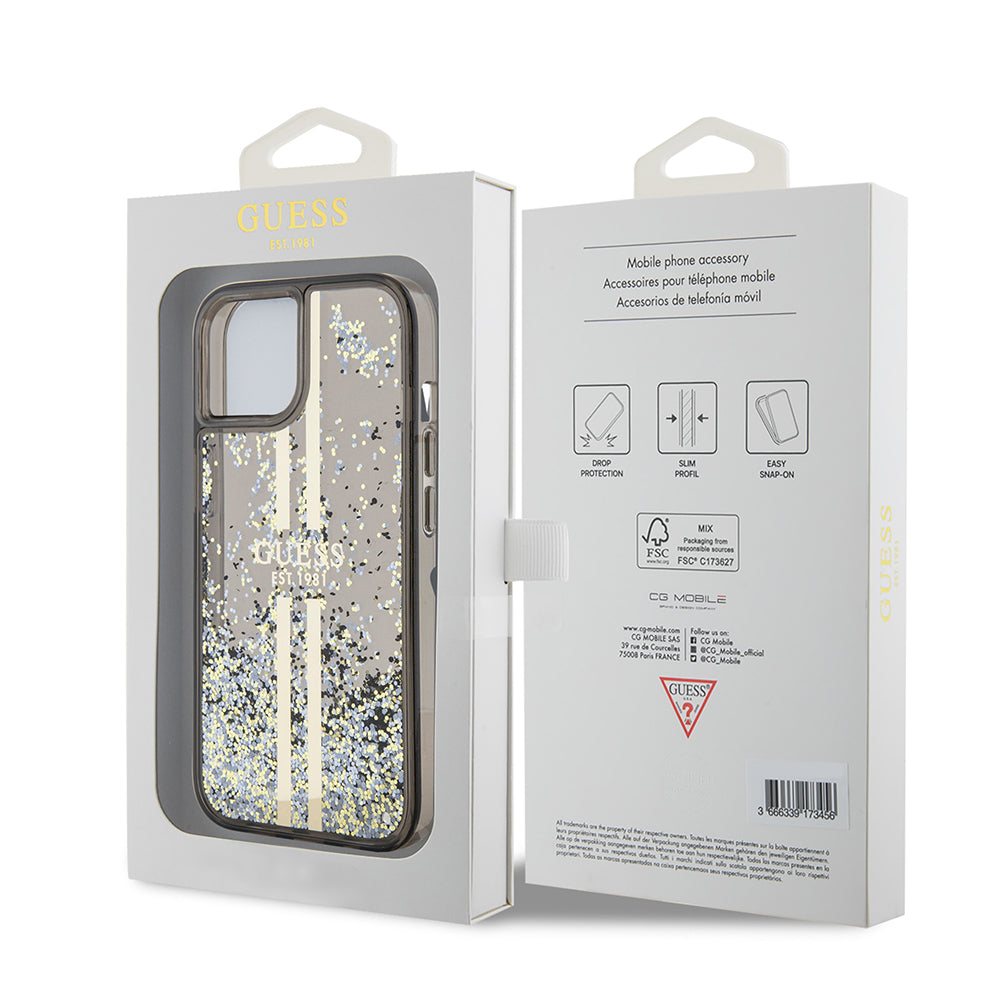 Étui pour Apple iPhone 15, Guess, Liquid Glitter Gold Stripes, Noir