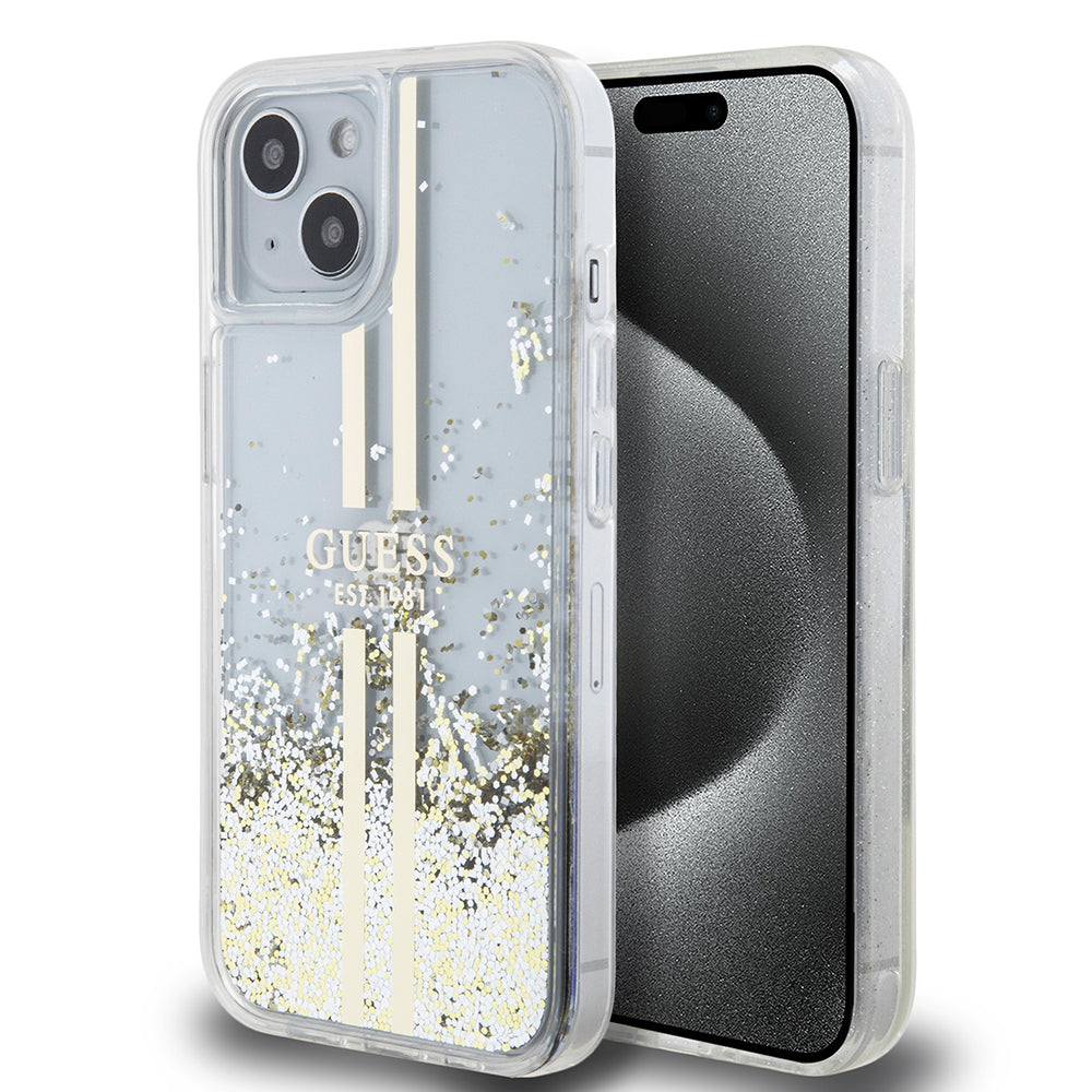 Étui pour Apple iPhone 15, Guess, Liquid Glitter Gold Stripes, Transparent