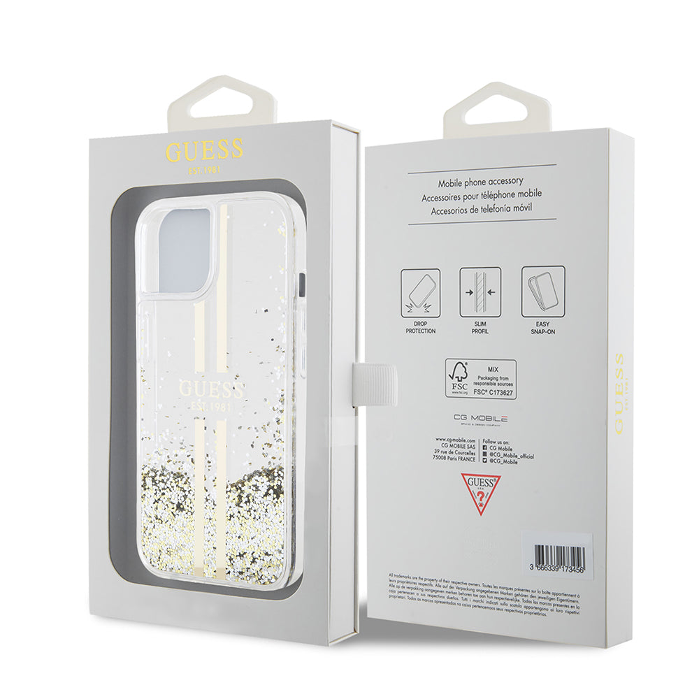Étui pour Apple iPhone 15, Guess, Liquid Glitter Gold Stripes, Transparent