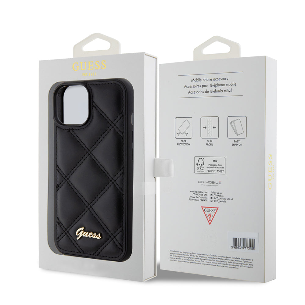Étui pour Apple iPhone 15, Guess, Logo Métallique Matelassé, Noir