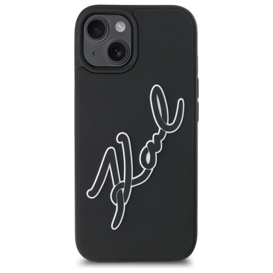 Étui pour Apple iPhone 15, Karl Lagerfeld, Signature en Caoutchouc 3D, Noir