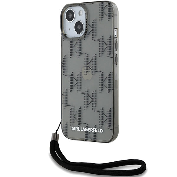 Étui pour Apple iPhone 15, Karl Lagerfeld, Monogramme de Luxe IML KL avec Sangle, Noir