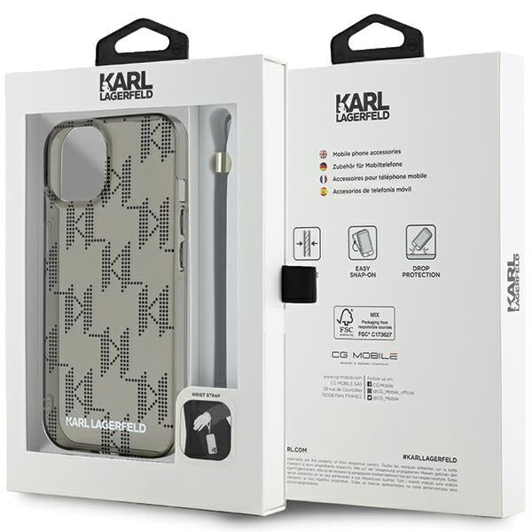 Étui pour Apple iPhone 15, Karl Lagerfeld, Monogramme de Luxe IML KL avec Sangle, Noir