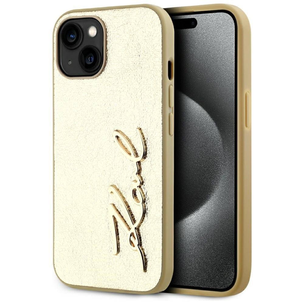 Case for Apple iPhone 15, Karl Lagerfeld, Metal Signature, Gold